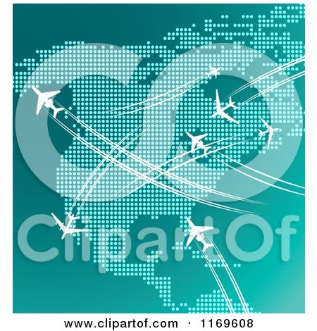 Clipart of Airplanes Flying over North America in Turquoise Tones - Royalty Free Vector Illustration by Vector Tradition SM