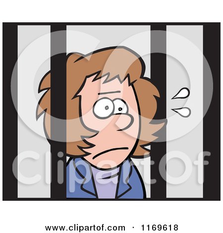 Cartoon of an Imprisoned Businesswoman Behind Bars - Royalty Free Vector Clipart by Johnny Sajem