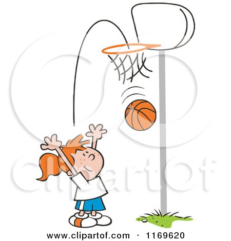 Cartoon of a Little Girl Tossing a Basketball Through a Hoop - Royalty Free Vector Clipart by Johnny Sajem