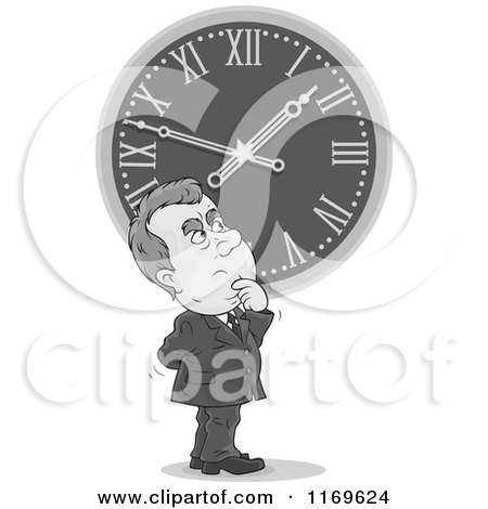 Cartoon of a Grayscale Man Gazing up at a Clock, Daylight Savings Time - Royalty Free Vector Clipart by Alex Bannykh