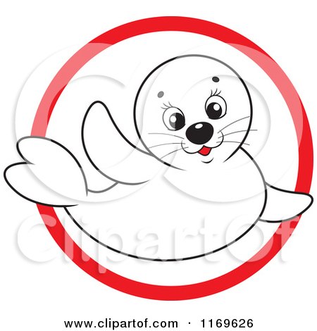 Cartoon of a Cute White Baby Seal in a Red Circle - Royalty Free Vector Clipart by Alex Bannykh