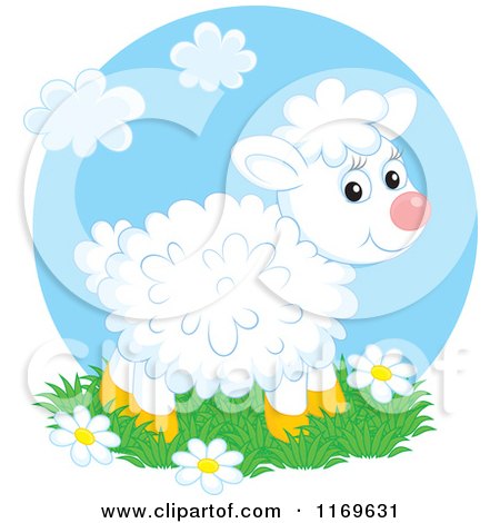 Cartoon of a Cute White Fluffly Lamb Standing on Grass and Flowers - Royalty Free Vector Clipart by Alex Bannykh