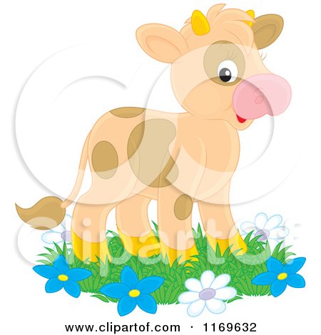 Cartoon of a Cute Brown Spotted Calf Cow on Grass and Flowers - Royalty Free Vector Clipart by Alex Bannykh