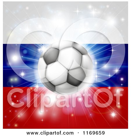 Clipart of a Soccer Ball over a Russian Flag with Fireworks - Royalty Free Vector Illustration by AtStockIllustration
