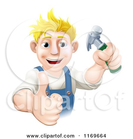 Cartoon of a Happy Blond Carpenter Man Holding a Hammer and Thumb up - Royalty Free Vector Clipart by AtStockIllustration