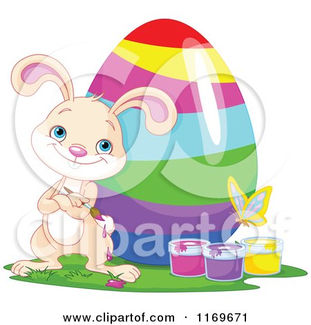 Cartoon of a Beige Bunny Standing Proudly by a Painted Easter Egg Buckets and Butterfly - Royalty Free Vector Clipart by Pushkin