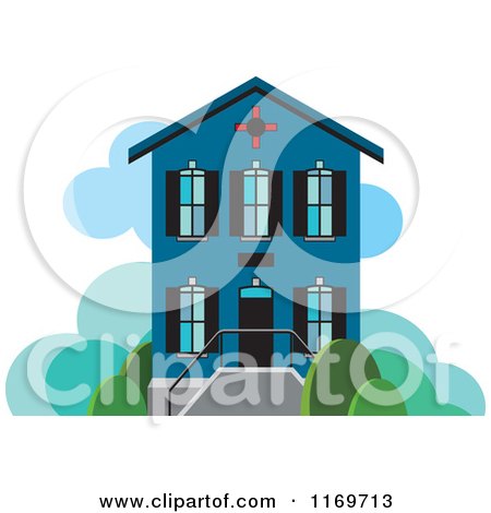 Clipart of a Blue Two Story House or Building - Royalty Free Vector Illustration by Lal Perera