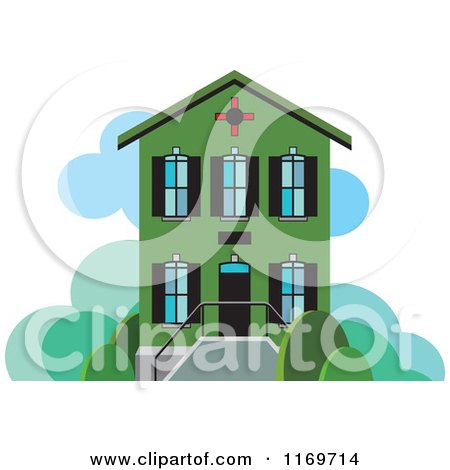 Clipart of a Green Two Story House or Building - Royalty Free Vector Illustration by Lal Perera