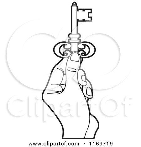 Clipart of a Black and White Womans Hand Holding a Skeleton Key - Royalty Free Vector Illustration by Lal Perera