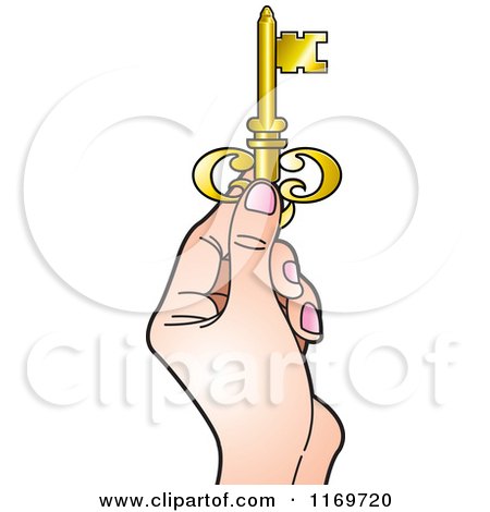 Clipart of a Womans Hand Holding a Gold Skeleton Key - Royalty Free Vector Illustration by Lal Perera