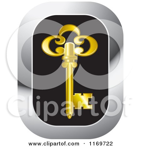 Clipart of a Black and Chrome Icon with a Gold Skeleton Key - Royalty Free Vector Illustration by Lal Perera