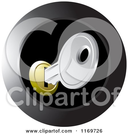 Clipart of a Round Black Icon of a Silver House Key in a Slot - Royalty Free Vector Illustration by Lal Perera