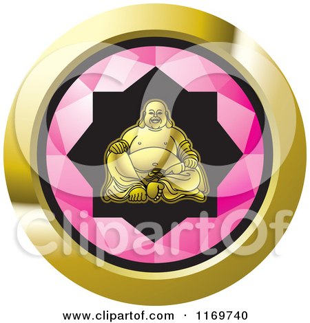 Clipart of a Round Pink and Gold Laughing Buddha Icon - Royalty Free Vector Illustration by Lal Perera