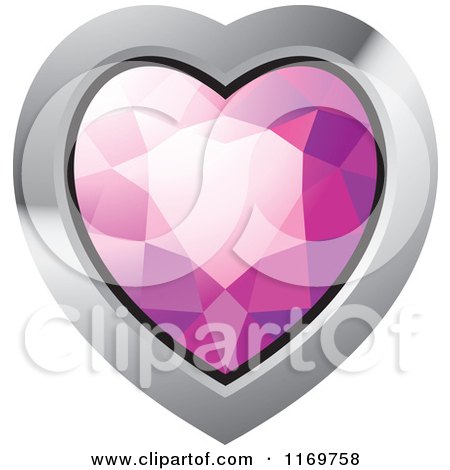 Clipart of a Heart Shaped Pink Diamond or Gemstone with a Silver Frame - Royalty Free Vector Illustration by Lal Perera