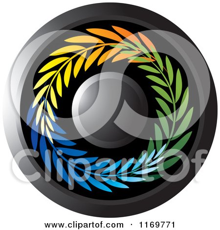 Clipart of a Round Black Icon with Colorful Olive Branches - Royalty Free Vector Illustration by Lal Perera