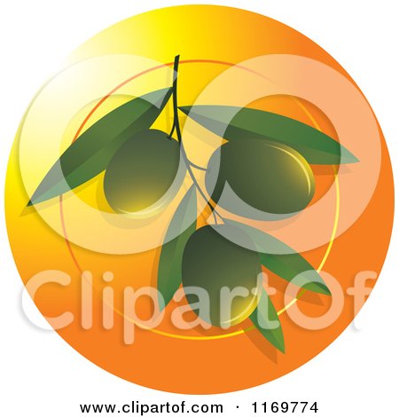 Clipart of Green Olives on a Branch over an Orange Circle - Royalty Free Vector Illustration by Lal Perera
