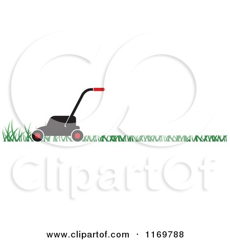 Clipart of a Black and Red Push Lawn Mower on Grass - Royalty Free Vector Illustration by Lal Perera
