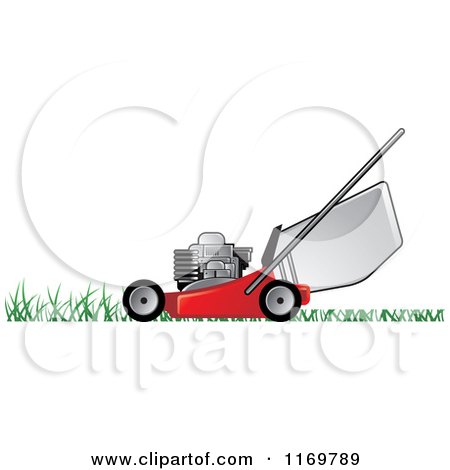 Clipart of a Red Push Lawn Mower on Grass - Royalty Free Vector Illustration by Lal Perera