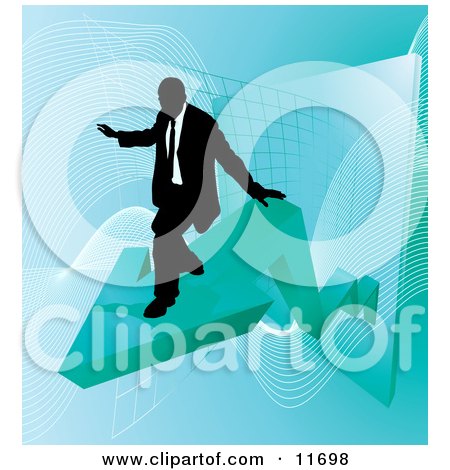 Successful Businessman Riding on a Blue Arrow as Revenue Increases Clipart Illustration by AtStockIllustration