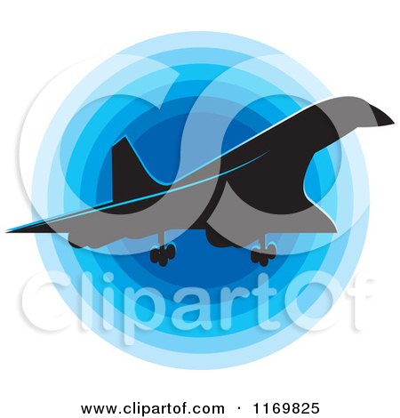Clipart of a Silhouetted Concord Airplane and Blue Icon - Royalty Free Vector Illustration by Lal Perera