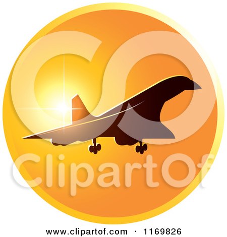 Clipart of a Silhouetted Concord Airplane and Sunset Icon - Royalty Free Vector Illustration by Lal Perera