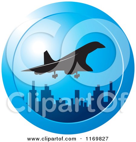 Clipart of a Silhouetted Concord Airplane and City Icon - Royalty Free Vector Illustration by Lal Perera