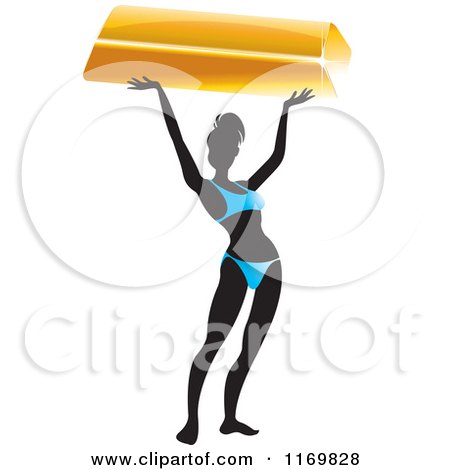 Clipart of a Silhouetted Bikini Woman Holding up a Bar of Gold - Royalty Free Vector Illustration by Lal Perera