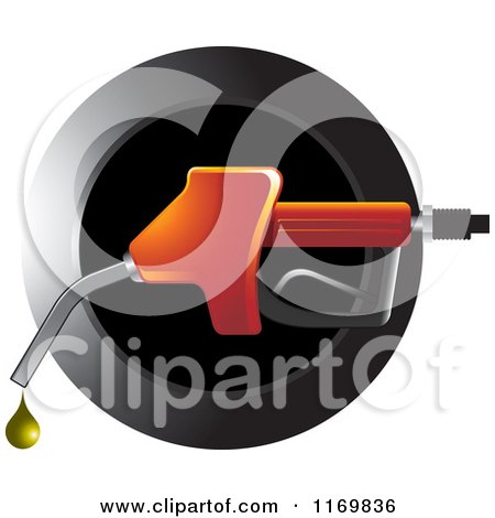 Clipart of a Round Black Icon with a Red Gas Pump Fuel Nozzle and Droplet - Royalty Free Vector Illustration by Lal Perera
