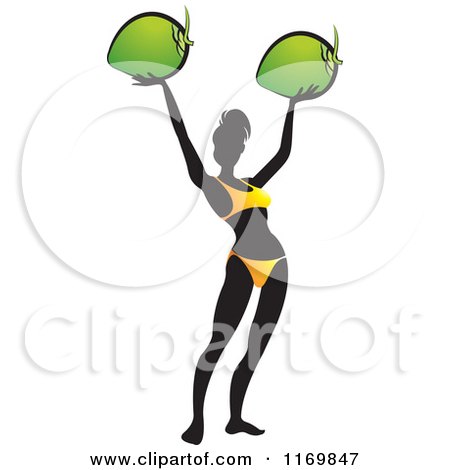 Clipart of a Silhouetted Woman Wearing a Bikini and Holding up to Coconuts - Royalty Free Vector Illustration by Lal Perera