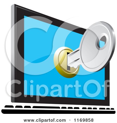 Clipart of a Silver Key Emerging from a Computer Screen - Royalty Free Vector Illustration by Lal Perera