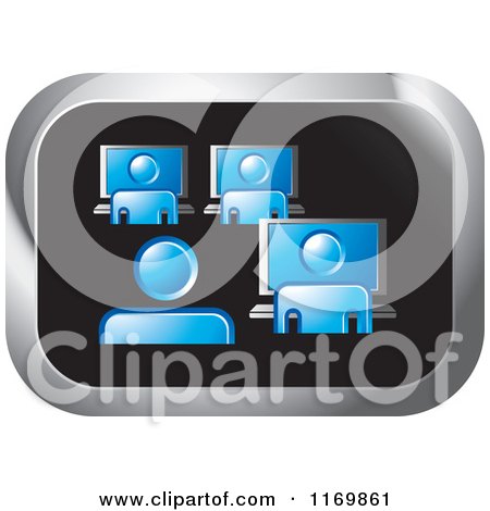 Clipart of a Rectangle Icon with Blue People Working on Computers - Royalty Free Vector Illustration by Lal Perera