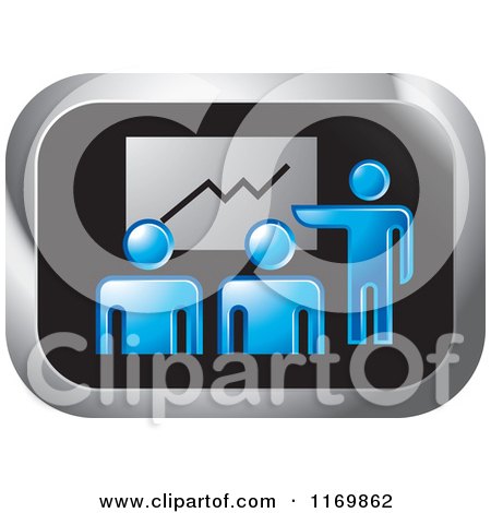Clipart of a Rectangle Icon with Blue People Discussing a Chart - Royalty Free Vector Illustration by Lal Perera