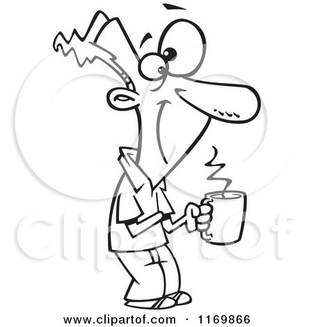 Cartoon of an Outlined Happy Man Holding a Hot Cup of Coffee - Royalty Free Vector Clipart by toonaday