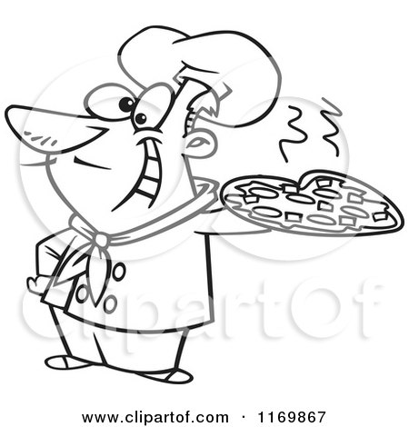 Cartoon of an Outlined Happy Italian Chef Holding a Pizza Pie - Royalty Free Vector Clipart by toonaday