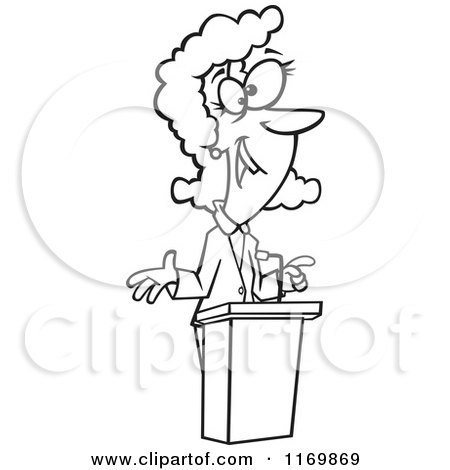 Cartoon of an Outlined Happy Woman Speaking at a Podium - Royalty Free Vector Clipart by toonaday