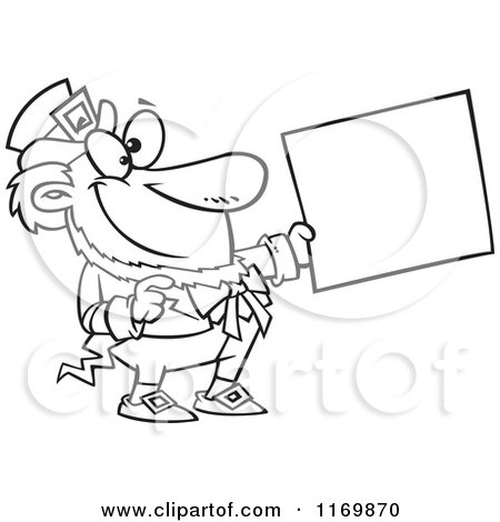 Cartoon of an Outlined Happy Leprechaun Holding out a Sign - Royalty Free Vector Clipart by toonaday