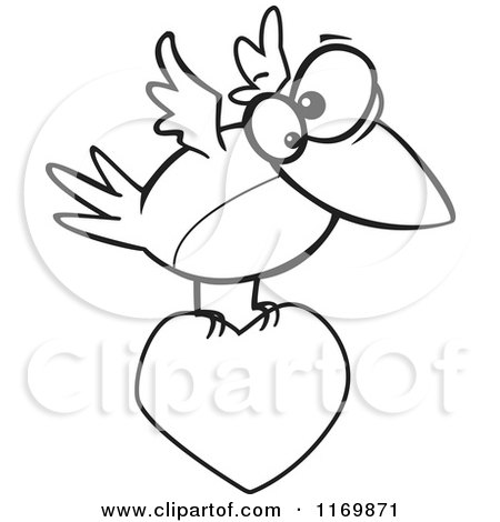 Cartoon of an Outlined Bird Flying with a Heart - Royalty Free Vector Clipart by toonaday