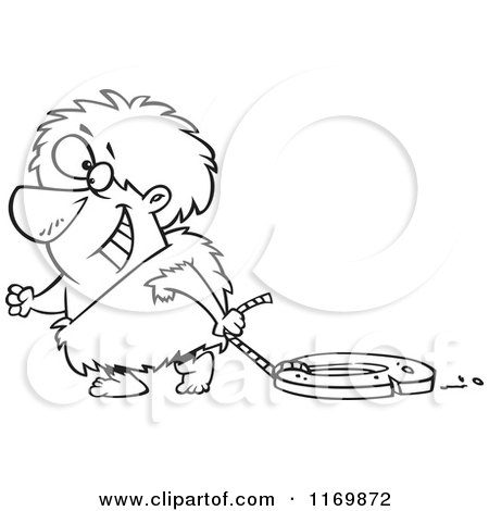 Cartoon of an Outlined Happy Caveman Dragging a Stone Wheel - Royalty Free Vector Clipart by toonaday