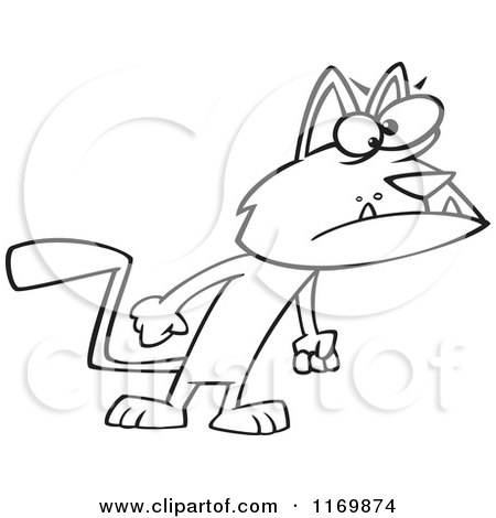 Cartoon of an Outlined Surly Cat with Fists at His Side - Royalty Free Vector Clipart by toonaday