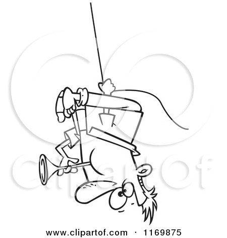 Cartoon of an Outlined Man Swinging Upside down and Blowing a Horn - Royalty Free Vector Clipart by toonaday