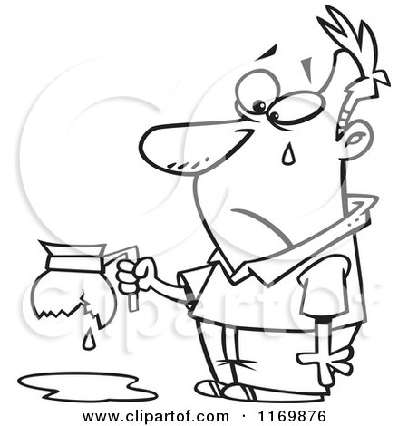 Cartoon of an Outlined Tearing Man Holding a Broken Coffee Pot - Royalty Free Vector Clipart by toonaday