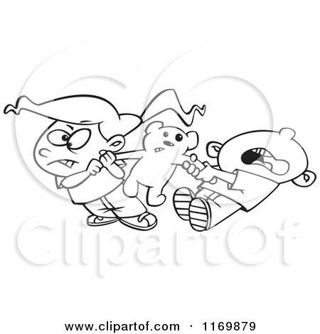 Cartoon of an Outlined Boy and Girl Quarreling over Sharing a Teddy Bear - Royalty Free Vector Clipart by toonaday
