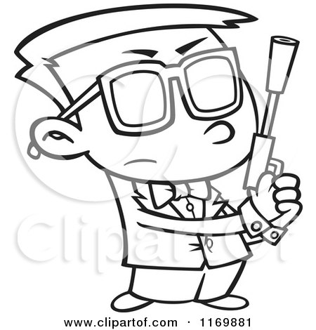 Cartoon of an Outlined Agent Boy Holding a Pistol - Royalty Free Vector Clipart by toonaday
