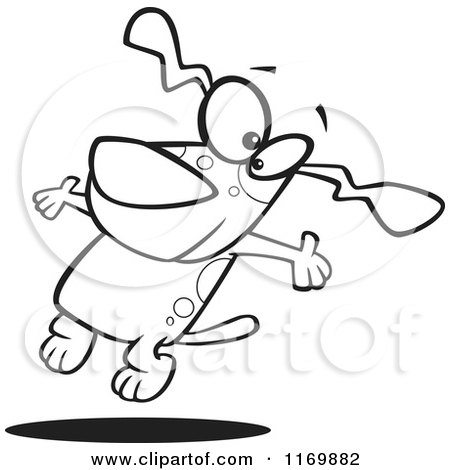 Cartoon of an Outlined Happy Dog Jumping - Royalty Free Vector Clipart by toonaday
