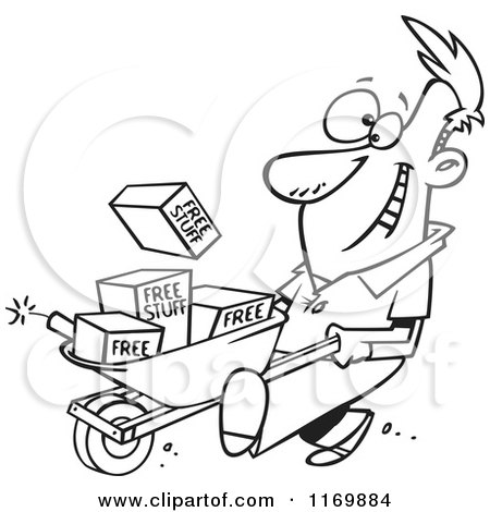 Cartoon of an Outlined Man Pushing Dynamite and Free Stuff in a Wheelbarrow - Royalty Free Vector Clipart by toonaday