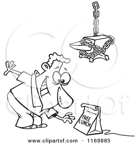 Cartoon of an Outlined Man Reaching for a Free Lunch Trap Under an Anvil - Royalty Free Vector Clipart by toonaday