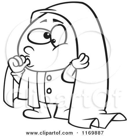 Cartoon of an Outlined Boy Sucking His Thumb and Holding a Blankie over His Head - Royalty Free Vector Clipart by toonaday