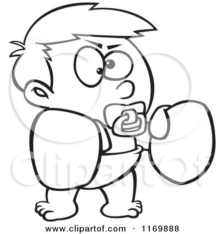 Cartoon of an Outlined Toddler Boy with Boxing Gloves - Royalty Free Vector Clipart by toonaday