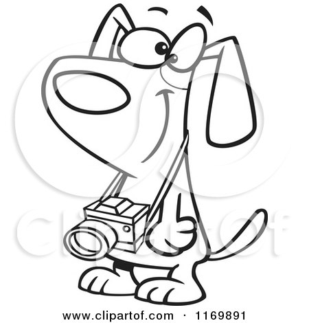 Cartoon of an Outlined Dog with a Camera Hanging from His Neck - Royalty Free Vector Clipart by toonaday