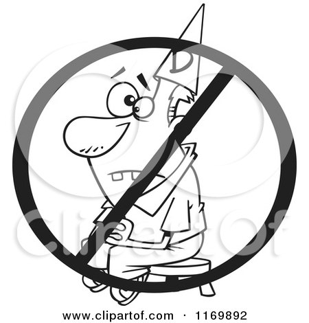 Cartoon of an Outlined Dunce Man Sitting on a Stool Under a Restricted Symbol - Royalty Free Vector Clipart by toonaday